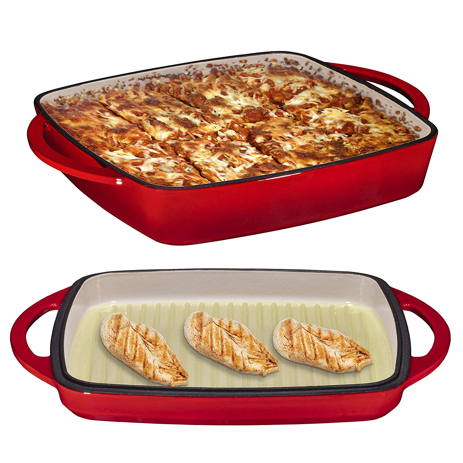 2 in 1 Enameled Cast Iron 11 Inch Square Casserole Baking Pan With Griddle Lid for sale online 