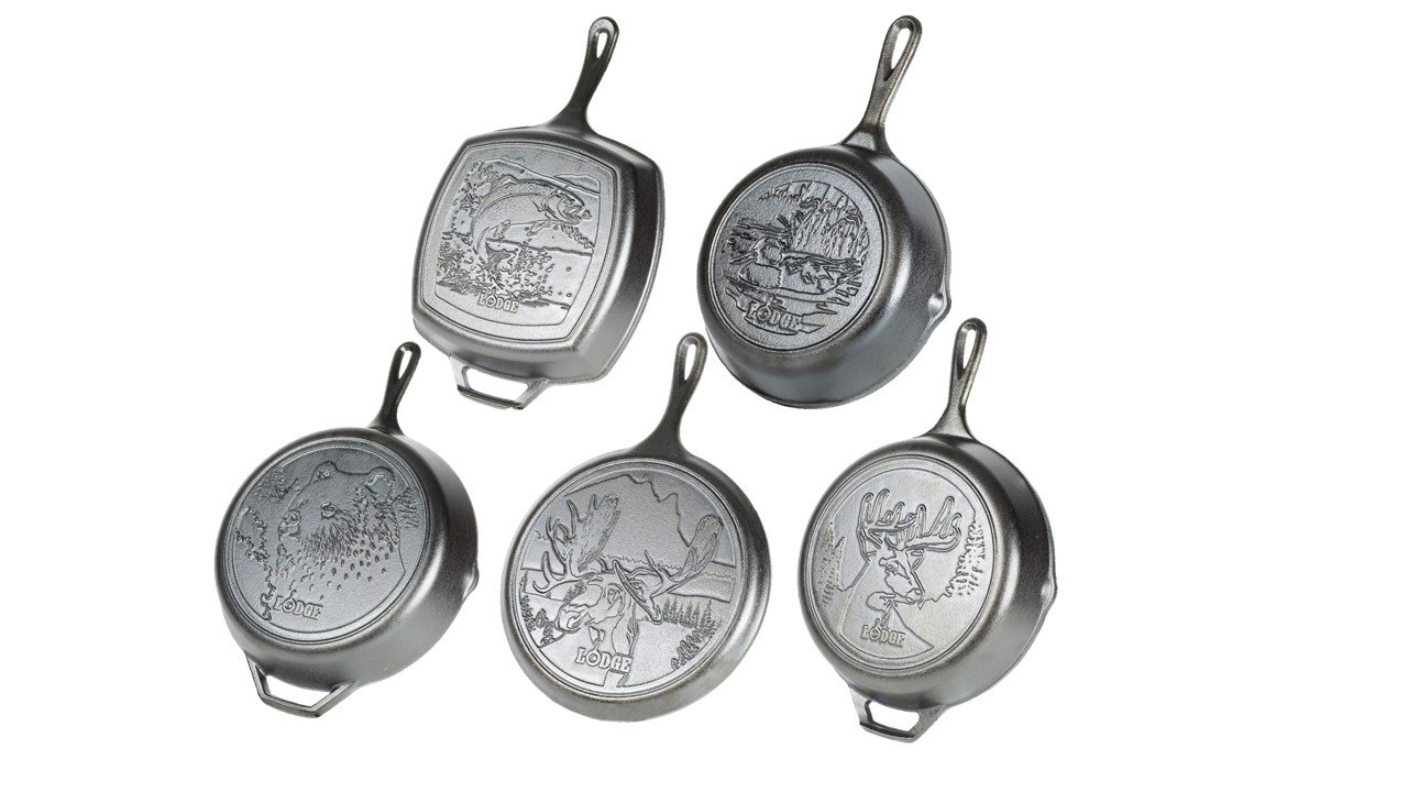 Lodge Wildlife Series - Seasoned Cast Iron Cookware with Wildlife Scenes. 5  Piece Iconic Collector Set Includes 8” Skillet, 10.25” Skillet, 12” Skillet,  10.5” Grill Pan, and 10.5” Griddle - Cast Iron Pan Store